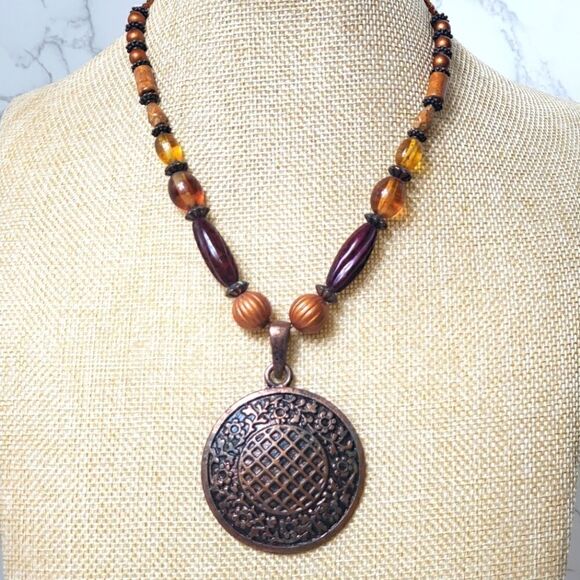 STATEMENT NECKLACE Copper Pendant Beaded Jewelry - Picture 1 of 9
